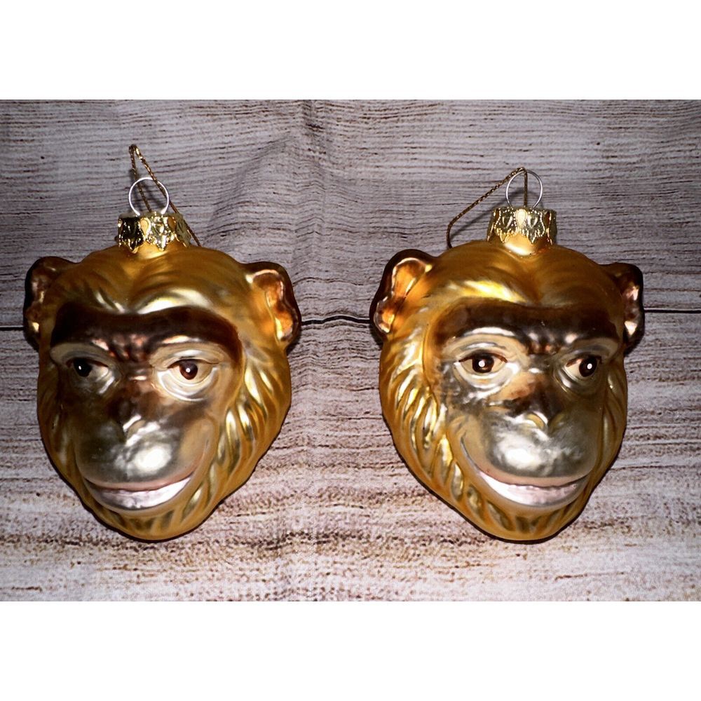 Set of‎ 2 Monkey Head Glass Christmas Ornaments Gold Safari Jungle Chimpanzee